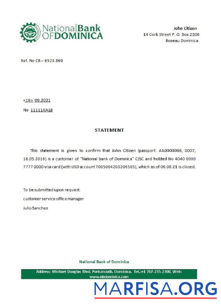 Downloadable Dominicia National Bank of Dominica closure reference template